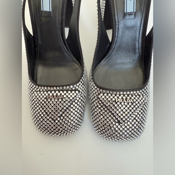 PradaBlack Satin Leather Jewel embellished Triangle logo slingback pumps EU 39 - Picture 7 of 14